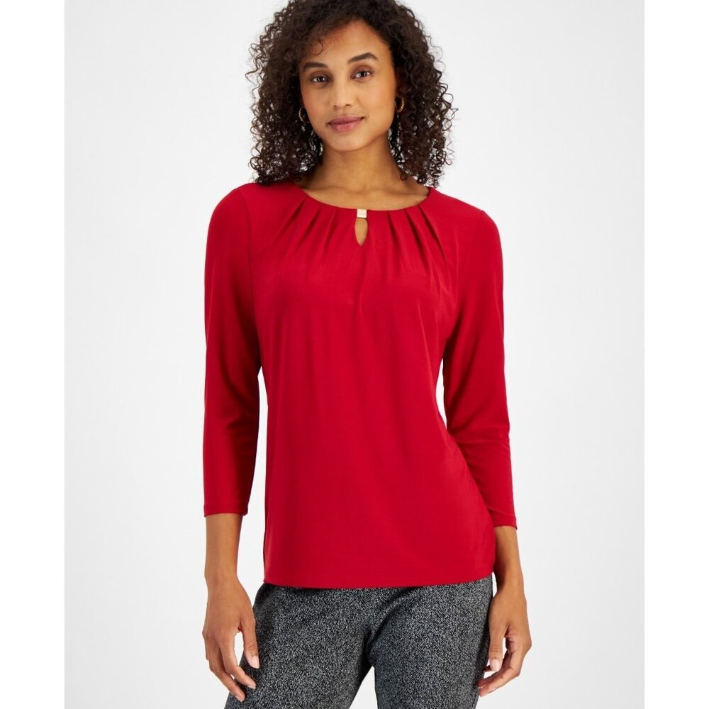 Kasper Womens Petite Pleat-Neck 3/4-Sleeve Blouse Red Size PS MSRP $59 - Picture 2 of 4